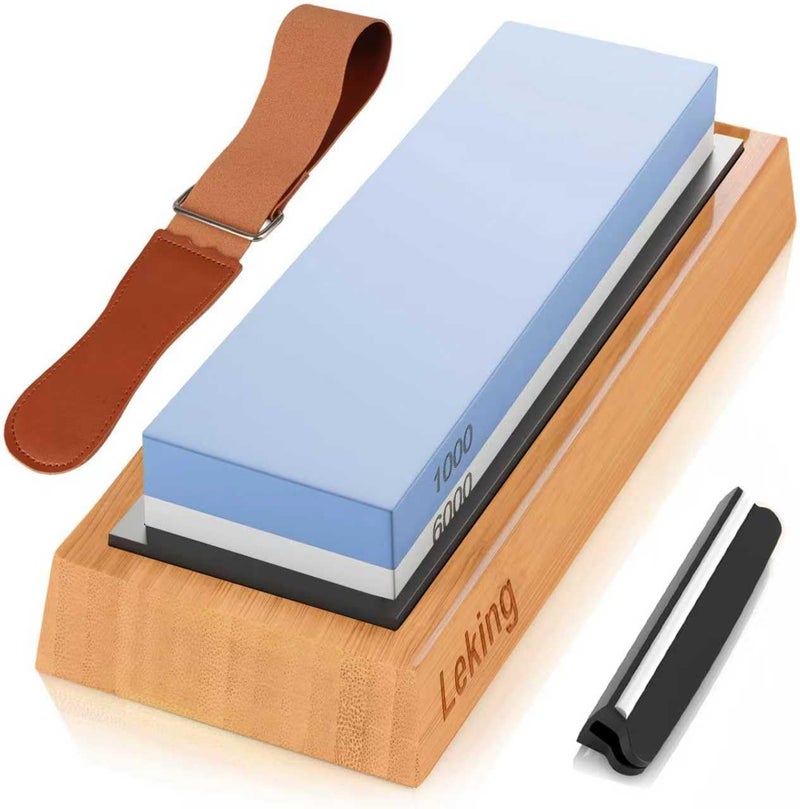 LeKing Professional Knife Sharpener & Sharpening Stone Set: 1000/6000 Grit Dual-Sided Whetstone(7"x2.4"x1.2") with Bamboo Base, Non-Slip Silicone Holder, Angle Guide & Leather Strop Kit - Image 1